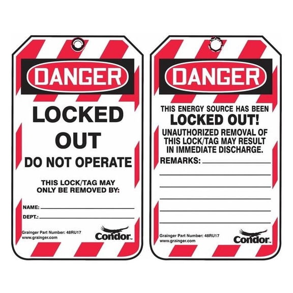 Lockout Tag, Danger, Locked Out Device, Plastic, Write-On Surface, Nylon Ties, English, 25PK