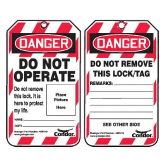 Lockout Tag, Danger, Plastic, 3 1/4 in Width, 5 3/4 in Height, Write On Surface: Yes ,10 PK