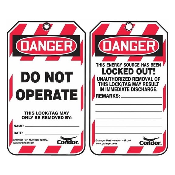 Lockout Tag, Danger, Plastic, 3 1/4 in Width, 5 3/4 in Height, Write On Surface: Yes ,10 PK