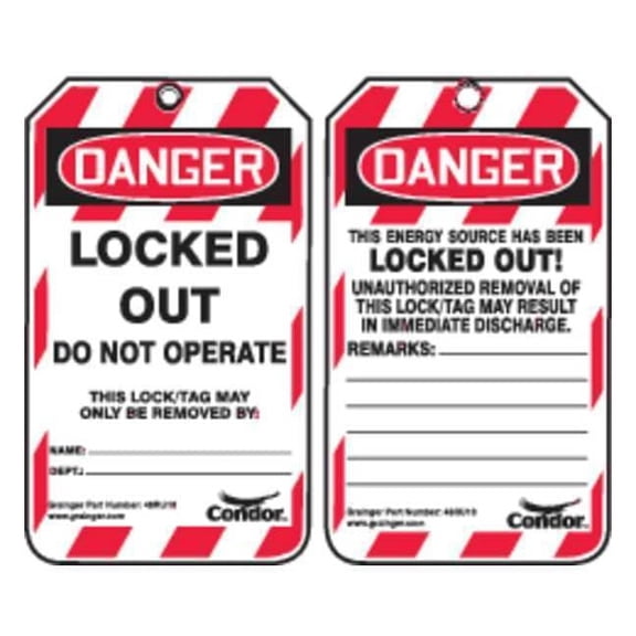 Lockout Tag, Danger, Plastic, 3 1/4 in Width, 5 3/4 in Height, Write On Surface: Yes ,100 PK