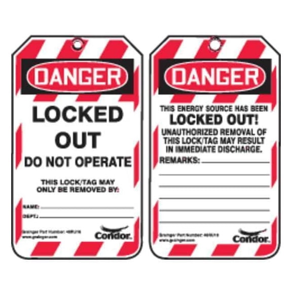 Lockout Tag, Locked Out / Do Not Operate / Only Removed By, Plastic, 3.25 in W x 5.75 in H, PK10