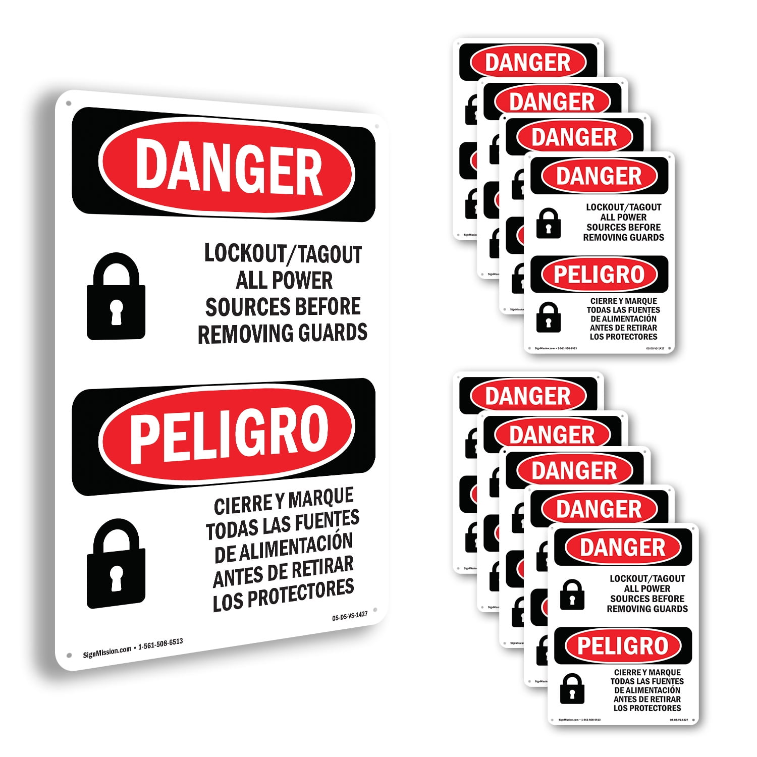 Lockout Tagout All Power Sources Bilingual OSHA Danger Aluminum Sign 10 ...