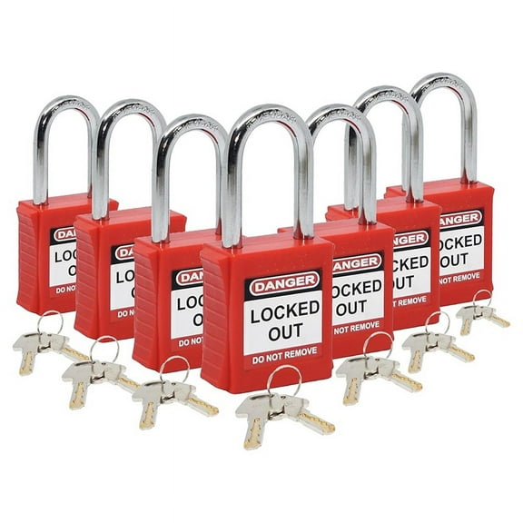 Lockout Tagout Lock Set - 7 Red LotoLocks, Lock Out Keyed Different - Padlock with 2 Brass Red Keys Included