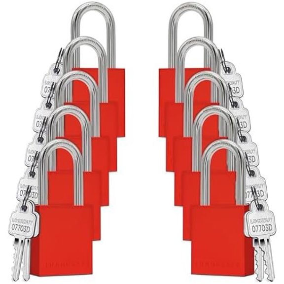 Lockout Tagout Locks Set - 10 Red Loto Locks, Lock Out Tag Out Padlocks Keyed Alike, 2 Per Lockout Padlock, OSHA Compliant