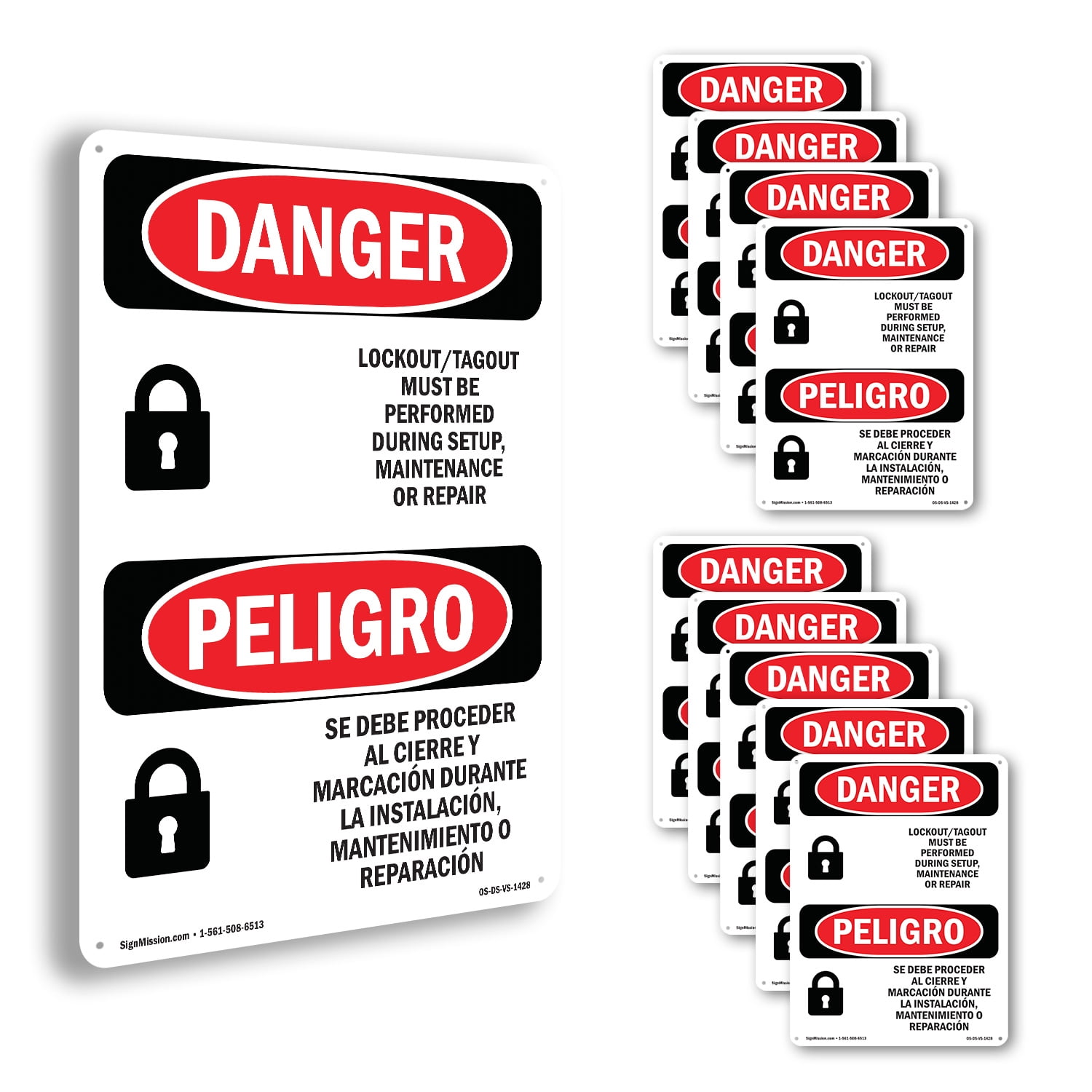 Lockout Tagout Setup Maintenance Bilingual OSHA Danger Aluminum Sign 10 ...
