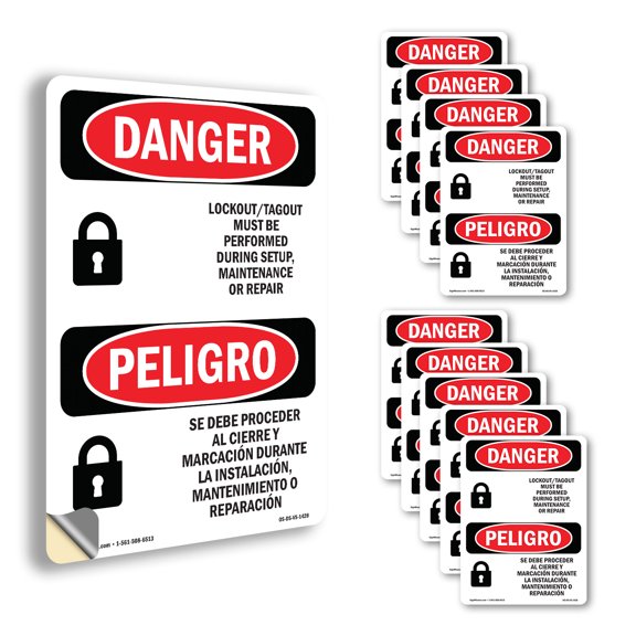 Lockout Tagout Setup Maintenance Bilingual OSHA Danger Vinyl Decal Label 7 Inch x 5 Inch - 10 Pack