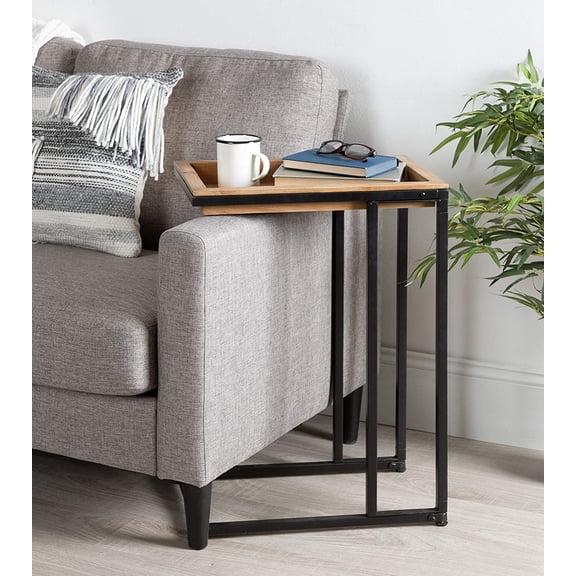 Lockridge Industrial Modern Farmhouse Wood Metal Sofa Foldable Side C-Table Light Rustic Brown Black