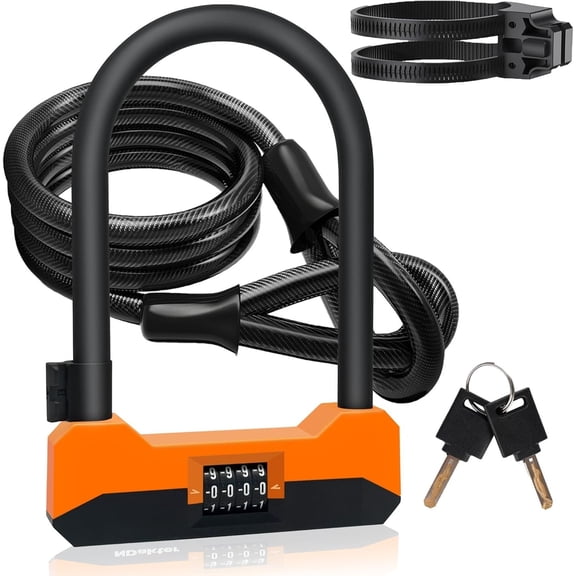 Locks Heavy Duty Anti , 18mm Bicycle Combo U Lock, 4-Digit Resettable Combination Lock with 5FT Steel and Bracket, for Electric Scooter, Ebike, (Orange)