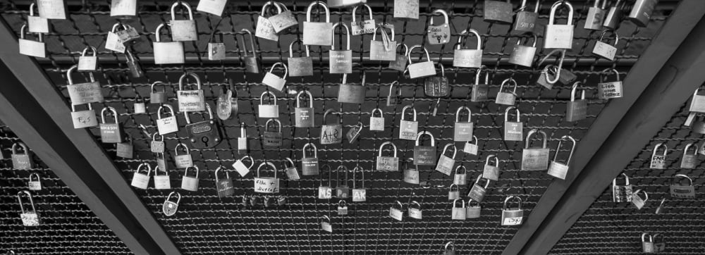 Locks of Love on a fence Hohenzollern Bridge Cologne North Rhine Westphalia Germany Canvas Art - Panoramic Images (13 x 36)