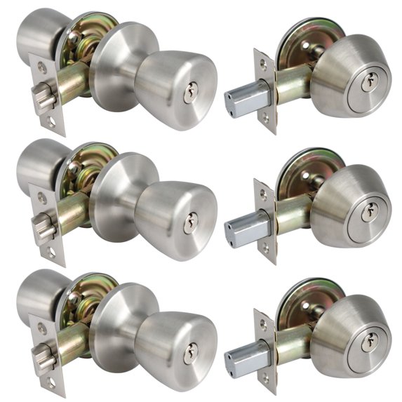 Locksets for Exterior Doors and Mobile Home with deadbolt, 3 Pack Keyed Alike Entry Door knob and Single Cylinder, Security for Mobile Home, Entrance and Front Door with Classic Satin Nickel Finish