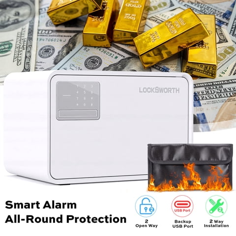 Locksworth 0.45 cubic Safe Box with Electronic Keypad, Security Lock Box With Fireproof Waterproof Bag & USB  Port for Home Office Hotel Cash Jewelry Documents, White
