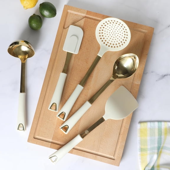 Lockton 5-Piece Kitchen Tool Set Stainless Steel Nylon Cooking Utensils Linen Handles Gold Accents Heat Resistant Gadgets