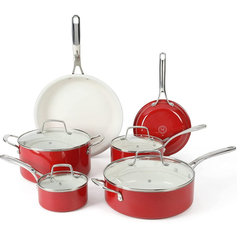 Lockton Premium Nonstick PFA Free Ceramic Interior 10 Piece Enamel Heavy  Gauge Aluminum Cookware Set - Butter Cream 