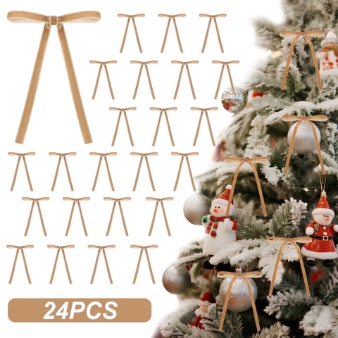 Lockways 24 Pcs Christmas Velvet Bows Vintage Xmas Bows for Christmas Tree Decorations Wreaths Brown Ribbon Bows for Home Outdoor Indoor