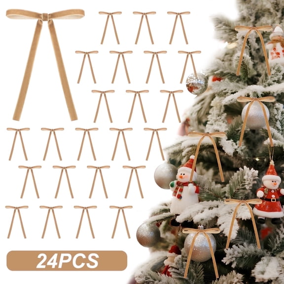 Lockways 24 Pcs Christmas Velvet Bows Vintage Xmas Bows for Christmas Tree Decorations Wreaths Brown Ribbon Bows for Home Outdoor Indoor