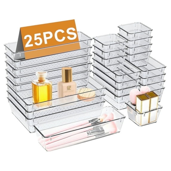 Lockways Clear Plastic Drawer Organizers Makeup Vanity Desk Storage Stackable Multiple Gadgets Organizers for Home Bathroom Office 25 Pcs
