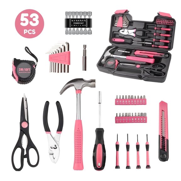 Lockways Pink Tool Kit for Women, Basic Home Tool Set Steel Work Equipment for All Purpose 53 Pcs