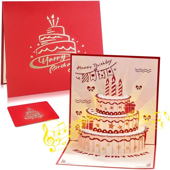 Lockways Happy Birthday Cards, 3D Musical Birthday Cake Greeting Card with Interactive Lights & Blowable Candle, Birthday Gift for Women, Men, Mom, Wife, Husband