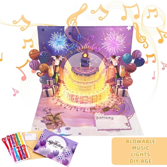 Lockways 3D Pop Up Birthday Cards, Music Light Birthday Greeting Cards with Blowable Candle, Fireworks Birthday Postcards with DIY Age for Women, Men, Daughter, Son