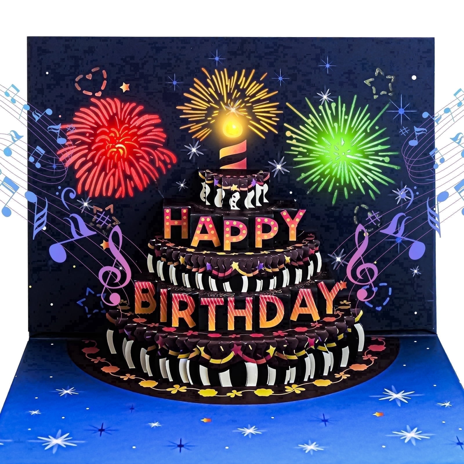 Lockways Happy Birthday Card, 3D Pop-Up Fireworks, Music, Light, 8