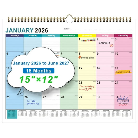 JILoffice 2026 Wall Calendar, 18 Months Calendar from Jan 2026 to Jun 2027, Large Monthly Calendar 15"×12", Premium Paper Monthly Planner with Julian Dates, Twin-Wire Binding for Office Home Planning