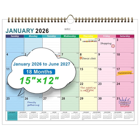 JILhome 2026 Wall Calendar, 18 Months Calendar from Jan 2026 to Jun 2027, Large Monthly Calendar 15"×12", Premium Paper Monthly Planner with Julian Dates, Twin-Wire Binding for Office Home Planning