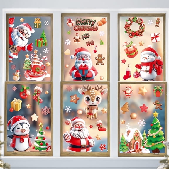 Lockways 9 Sheets Christmas Window Clings 72 Pcs Christmas Static Cling with Santa Reindeer Glass Christmas Decals for Home School Office