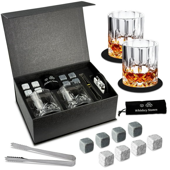 Lockways Father Day Gifts Whisky Glass Sets with Ice Cubes Stone, Unique Drinking Accessories for Men