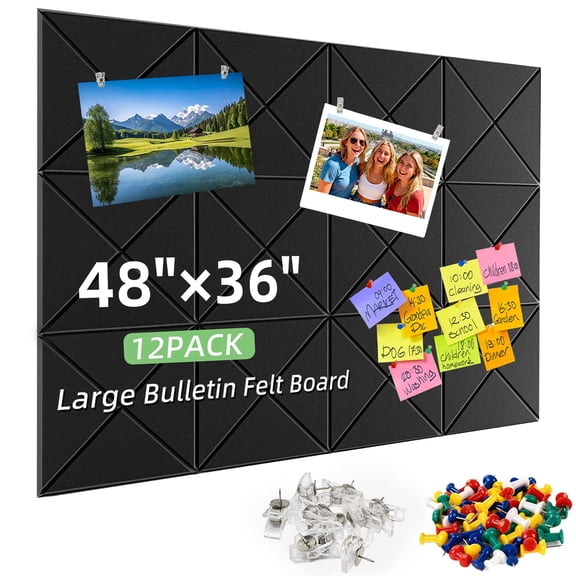 JILoffice Felt Bulletin Board, Large Cork Board 48" x 36", Self Adhesive Felt Wall Tiles 12 Packs, Push Pin Board with 45 Pins for Walls Home Office, Black
