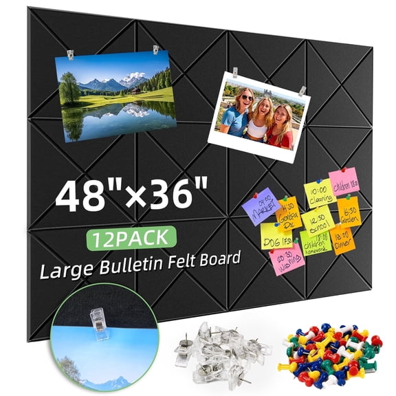 JILhome Felt Bulletin Board, Large Cork Board 48" x 36", Self Adhesive Felt Wall Tiles 12 Packs, Push Pin Board with 45 Pins for Walls Home Office, Black