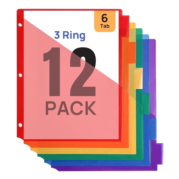 JILhome 12 PCS Binder Dividers with Tabs, Dividers for 3 Ring Binders, 6-Tab Dividers with Pockets, Binder Dividers for School Office Home Organization, Multicolor, Letter Size
