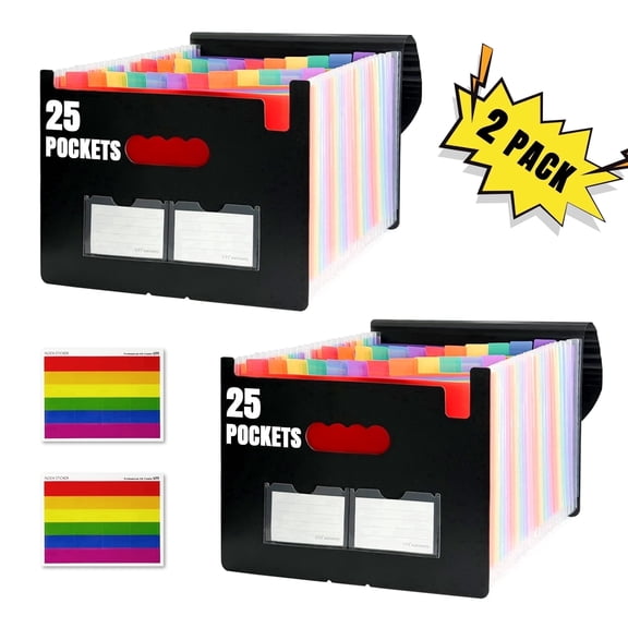JILhome 25 Pockets Expanding File Folder, 2 Packs  Accordion File Organizer, Expandable Filing Folders, Portable Filing Box with Colorful Tabs for Office Home School, Letter Size, Black