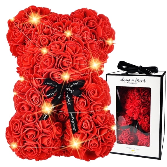 Lockways Glowing Rose Teddy Bear with Box Birthday Gift for Wife and Mother, Teddy Rose Flower Wedding Bear