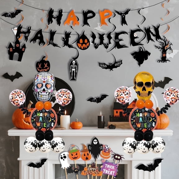 Lockways 58PCS Halloween Balloons with Banner Hanging Swirls Halloween Balloon Garland Arch Kit Halloween Decoration for Home Indoor Outdoor