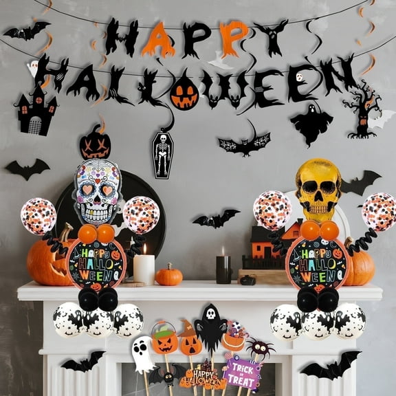 Lockways 58PCS Halloween Balloons with Banner Hanging Swirls Halloween Balloon Garland Arch Kit Halloween Decoration for Home Indoor Outdoor