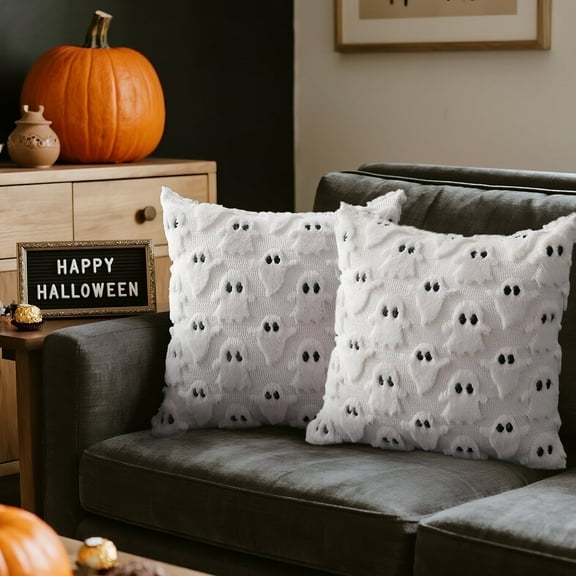 Lockways Halloween Pillow Covers Set of 2 White Ghost Throw Pillow Covers 18x18 inch Soft Plush Home Decor for Couch Sofa