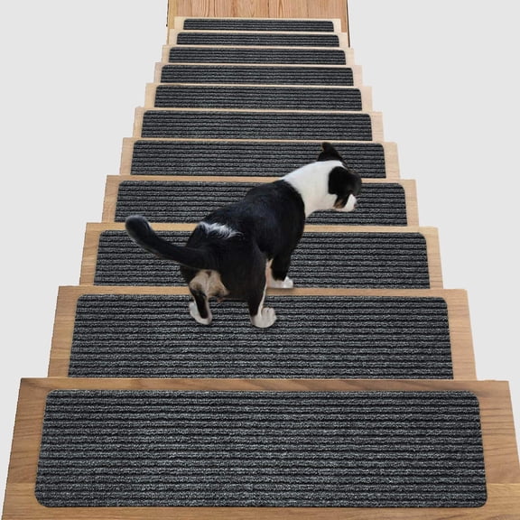Lockways Non-Slip Stair Treads, Pre-Cut Stair Runners, 15 Pcs Washable Carpet Mat for Kids and Dogs, Synthetic Wool Blend, 8"x30", Gray Striped
