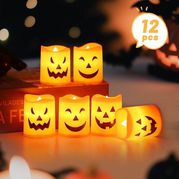 Lockways 12PCS Halloween Candle Light Halloween Orange Flameless LED Lamps Spooky Decor for Indoor Parties Battery Operated