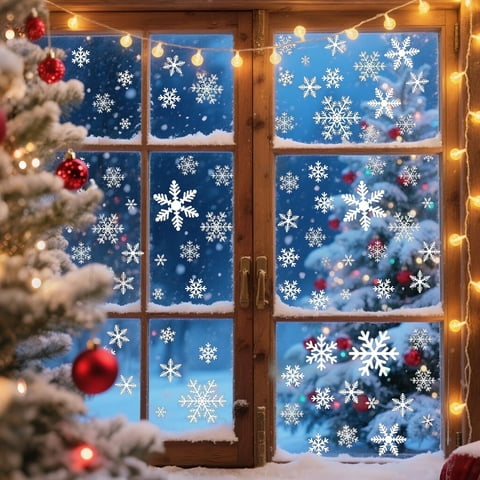 Lockways 144 Pcs Christmas Snowflake Window Clings for Glass Xmas Glueless Clings Window Decoration for New Year Party