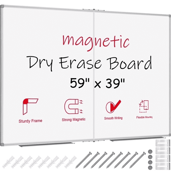 Lockways Magnetic White board, 39" x 59" Foldable Dry Erase Board with Aluminum Frame, Hanging White Board with Long Pen Tray for Home, School, Office