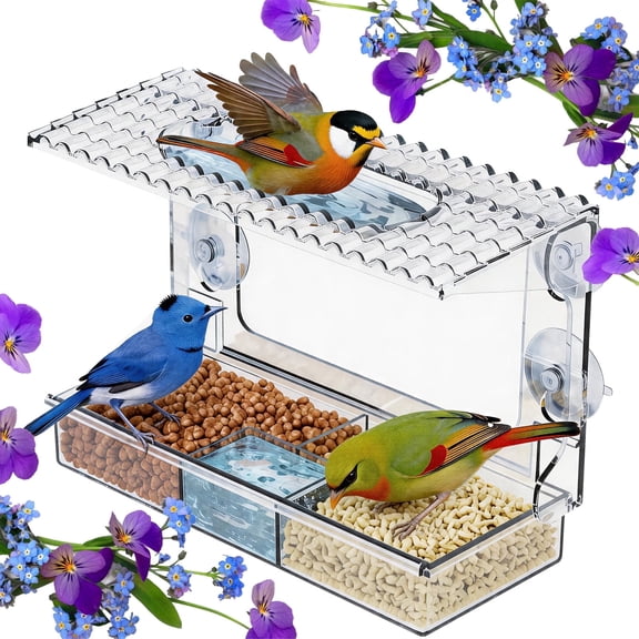 Lockways Window Bird Feeder, Clear Bird Feeders for Outdoors with 4 Strong Suction Cups, Weather Proof Transparent Bird feeder with Detachable Seed Tray for Garden, Yard