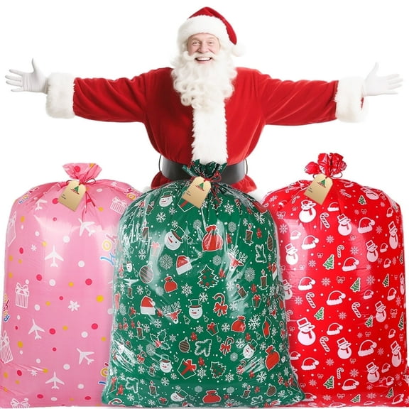 Lockways 3 PCS Christmas Giant Gift Bags with Drawstring Santa Claus Christmas Sacks with Tags for Xmas Holiday Present