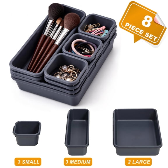 Lockways 8 PCS Drawer Organizer Set, 3 Size Plastic Stackable Vanity Drawer Organizer, Non-Slip Desk Drawer Organizer for Makeup ,Kitchen, Bedroom, Bathroom, Office (Gray)