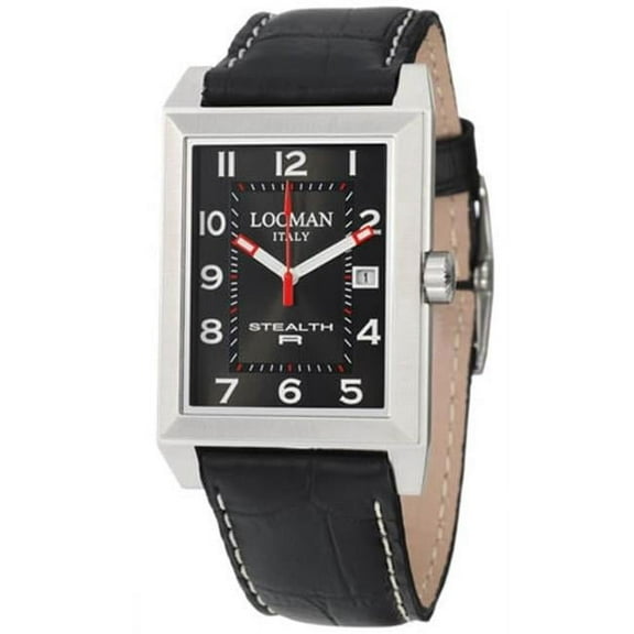 Locman 240BK2BK Rectangular Stainless Steel Stealth R Quartz Black Dial Leather Strap Mens Watch