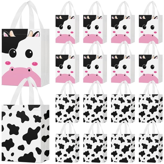 Locmeo 24 Pcs Cow Party Favors Bag Reusable Non Woven Cow Print Gifts Bags with Handles, Farm Themed Goodie Treat Candy Bags for Kids Cow Farm Animals Birthday Party Supplies Y101