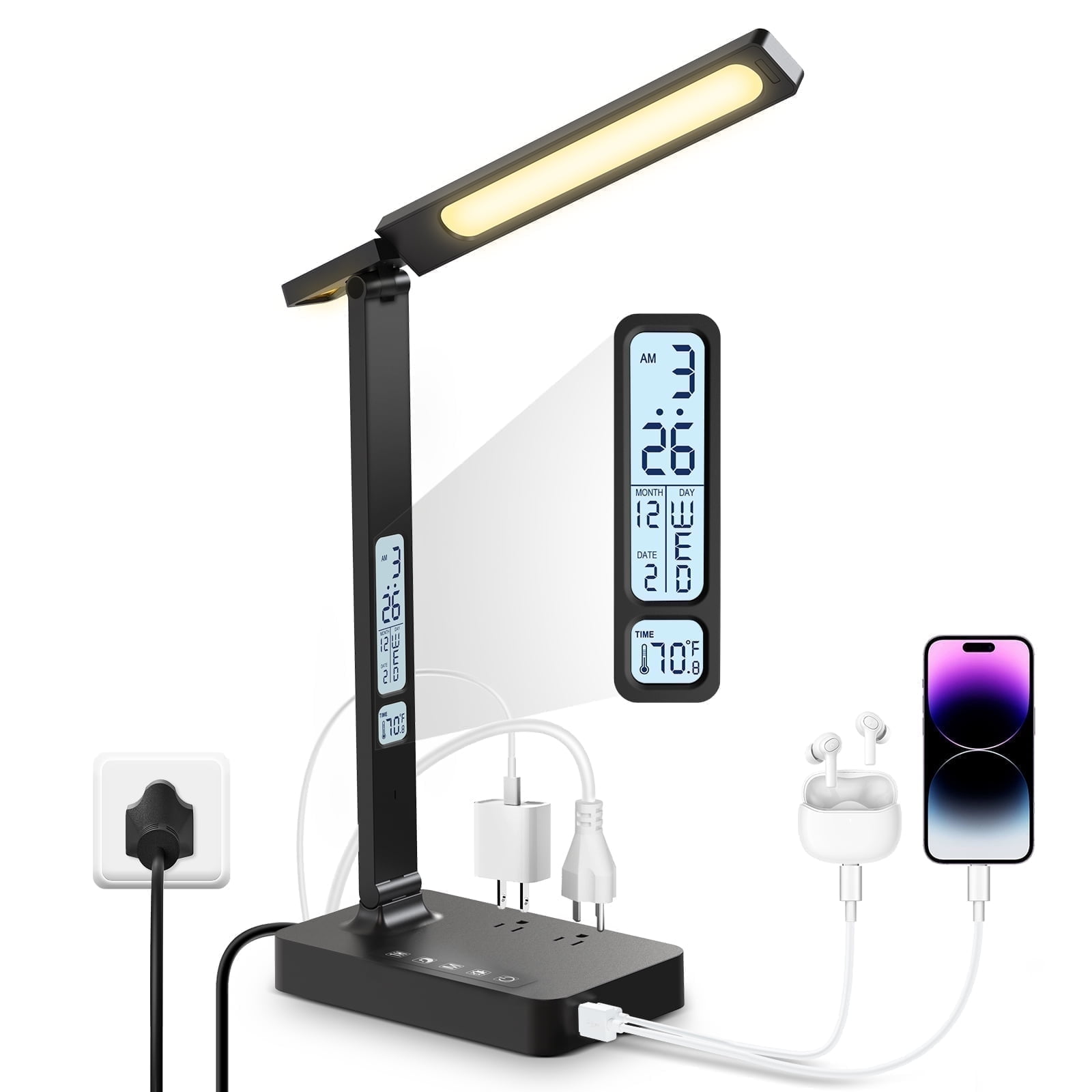 Lococo Desk Lamp with USB Charging Port: LED Eye-Caring Smart Table Light for Home Office - 1 Type-C, 1 USB-A Charging Port, 2 AC Power Outlets