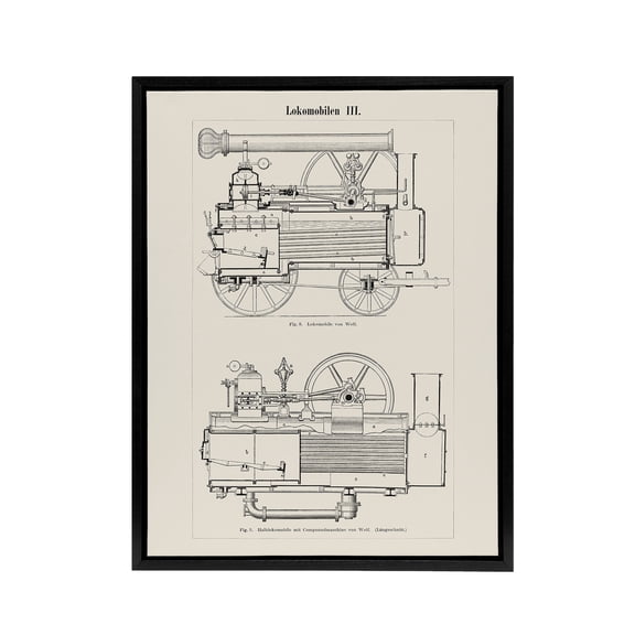 Locomotive Train Engine Compartments Vintage Black Framed Canvas Wall Art 12X16"