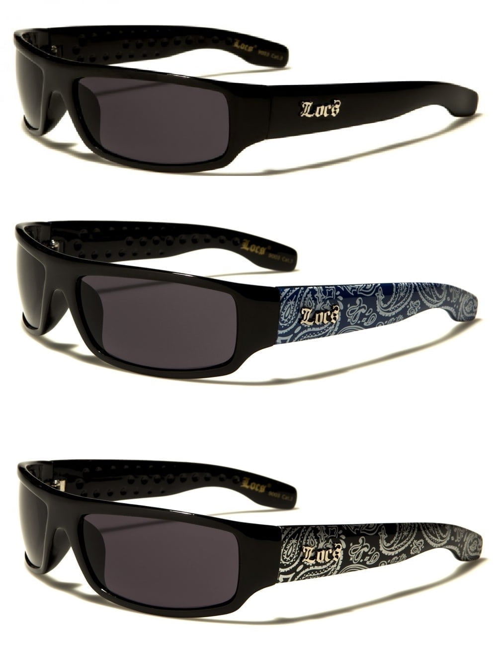 Locs 3 Pair Deal 9003 Locs 1- Black & 1- Black w/ Blue BANDANA & Black w/ Silver BANDANA Smaller adult size Sunglasses