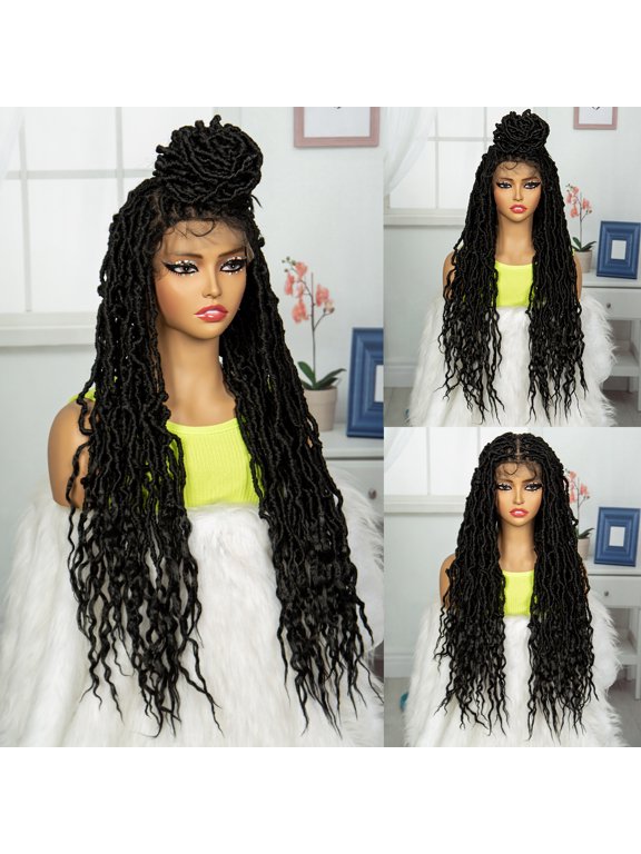 Locs Braided Wigs 36 Inches Full Double Lace Square Knotless Dreadlock Braiding Wig with Baby Hair for Women Synthetic Lace Frontal Long Cornrow Box Braided Wigs
