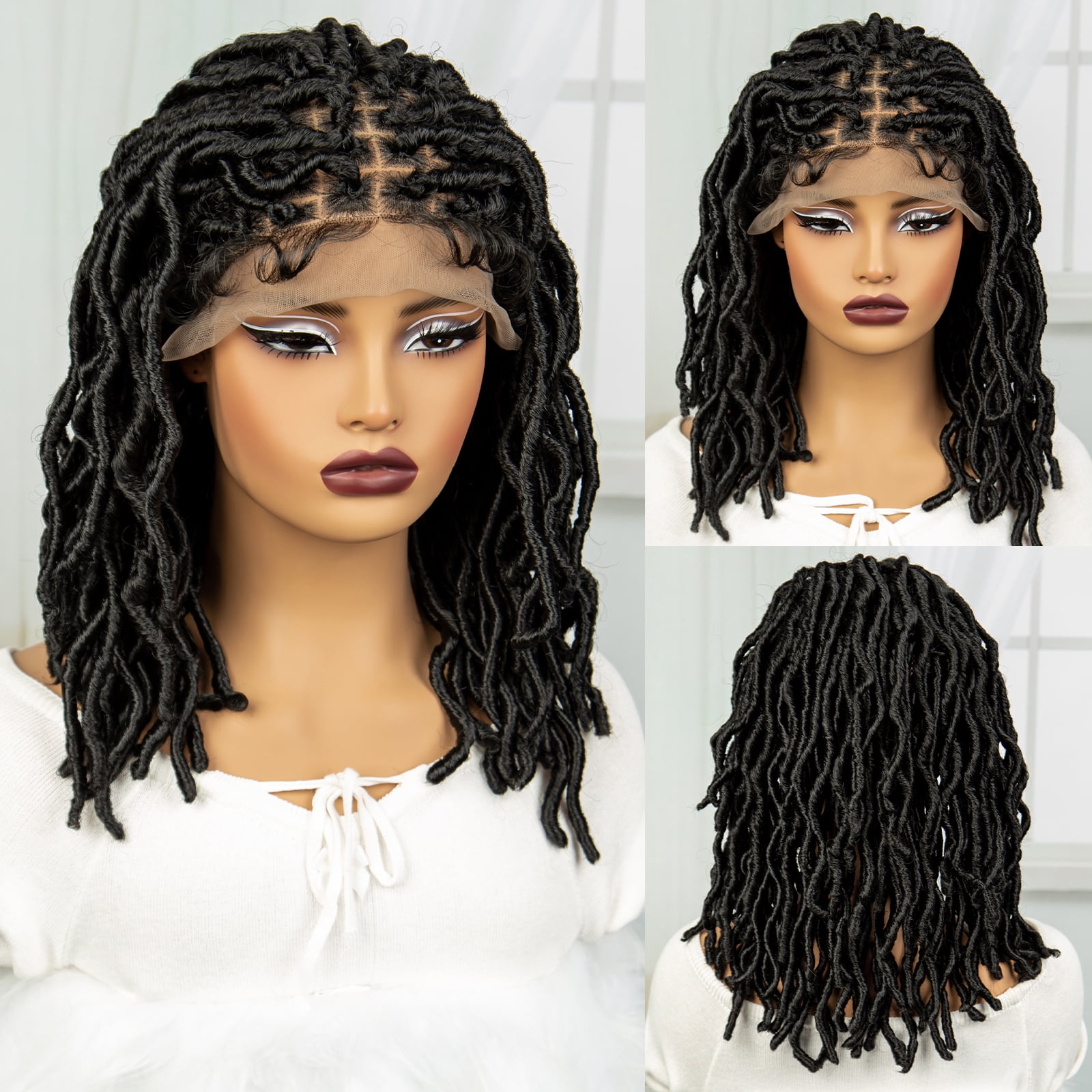Locs Braided Wigs Synthetic Square Knotless Box Braids Wigs for Women 14 Inches Lace Frontal Lightweight Bob Dread lock Wig with Baby Hair (1B Color)